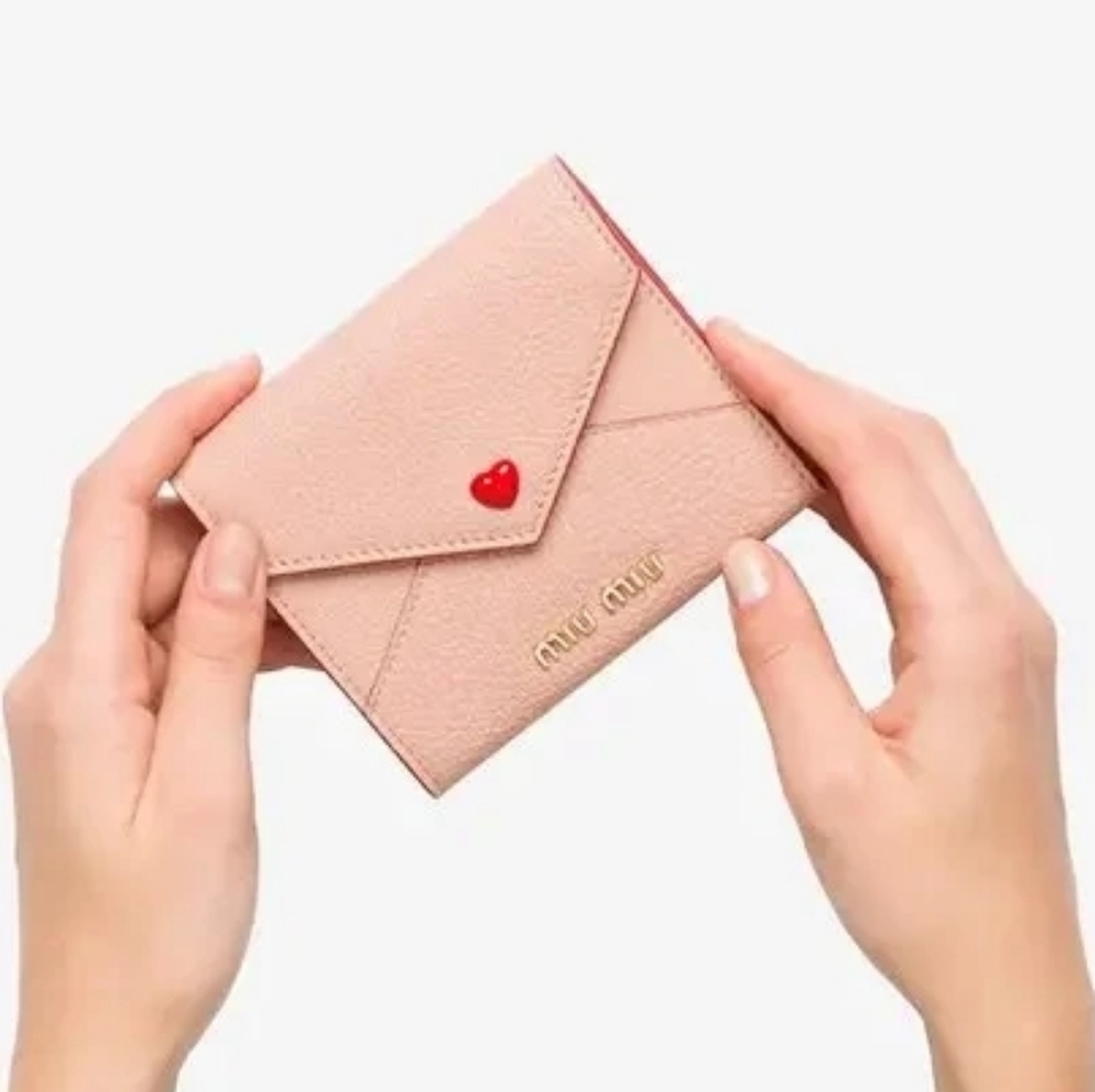 Miu Miu Pink Leather Envelope Wallet with Red Heart